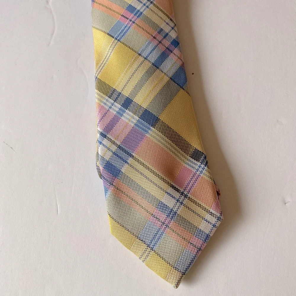 NAUTICA MENS PLAID TIE YELLOW PINK BLUE NWT - Picture 2 of 9